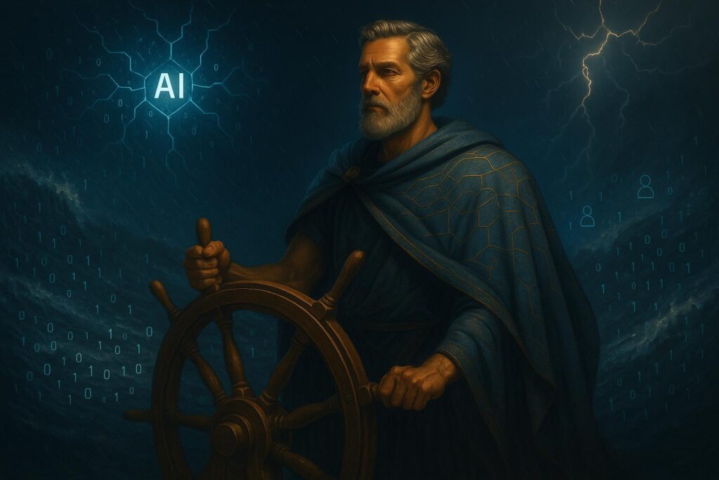 A stoic ancient captain in a teal-blue cloak stands firmly at the helm of a ship during a digital storm. The dark sea is made of binary code and swirling AI symbols, while the stormy sky flashes with neural network patterns. His expression is calm and composed, symbolizing clarity and resilience amidst technological chaos. The color palette features deep night blue, silver, and gold tones, blending classical aesthetics with futuristic elements.