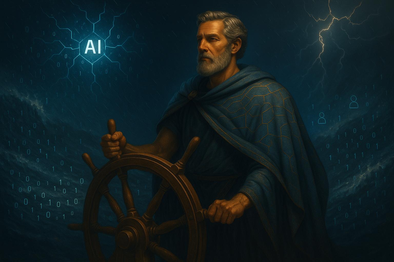 Un capitaine antique stoïque, vêtu d’une cape bleu sarcelle, tient fermement la barre d’un navire en pleine tempête numérique. La mer sombre est composée de codes binaires et de symboles d’IA tourbillonnants, tandis que le ciel orageux est traversé d’éclairs évoquant des réseaux neuronaux. Son visage exprime calme et maîtrise, incarnant la clarté et la résilience face au chaos technologique. La palette de couleurs mêle bleu nuit profond, argent et or, dans un style alliant esthétique classique et éléments futuristes.