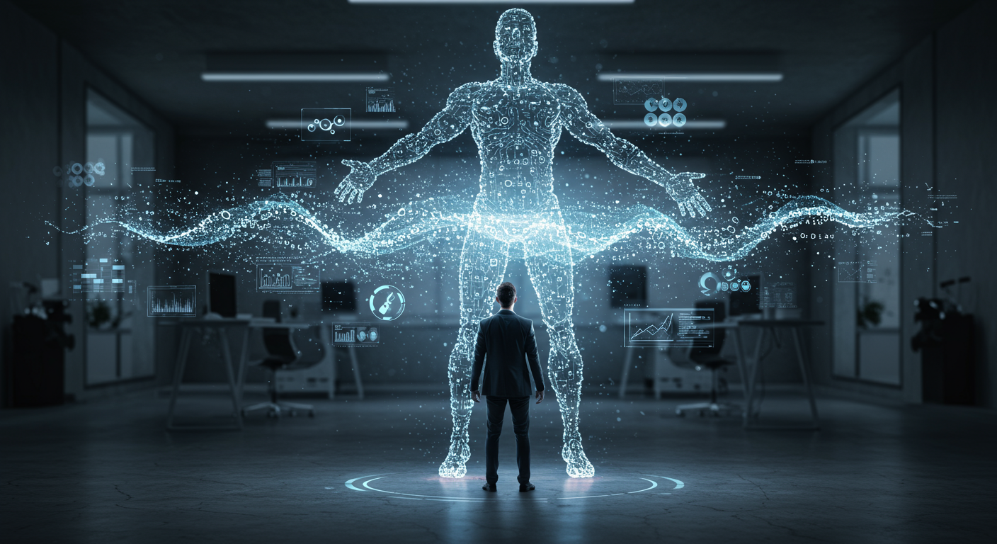 Un uomo d’affari in abito elegante si trova in un ufficio futuristico di fronte a una figura olografica gigante fatta di dati digitali e simboli interconnessi. L’ologramma mostra grafici e analisi basate sull’IA, simbolo dell’intelligenza aumentata e del potenziamento umano attraverso la tecnologia.