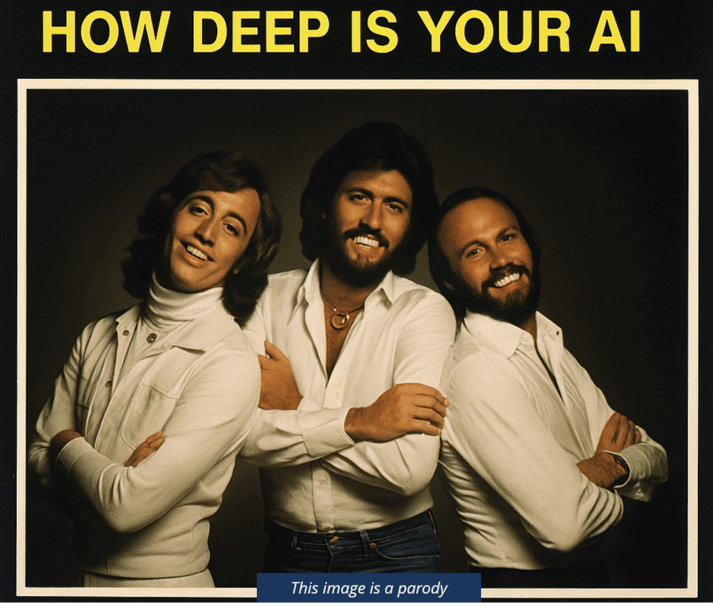Un'immagine parodica che imita una copertina di un album anni '70 dei Bee Gees. Tre uomini sorridenti con acconciature retrò e camicie bianche posano con sicurezza su uno sfondo scuro. In alto, il testo recita « HOW DEEP IS YOUR AI » in lettere gialle, un gioco di parole sul titolo della canzone « How Deep Is Your Love » dei Bee Gees. Una piccola didascalia in basso dice: « Questa immagine è una parodia ».