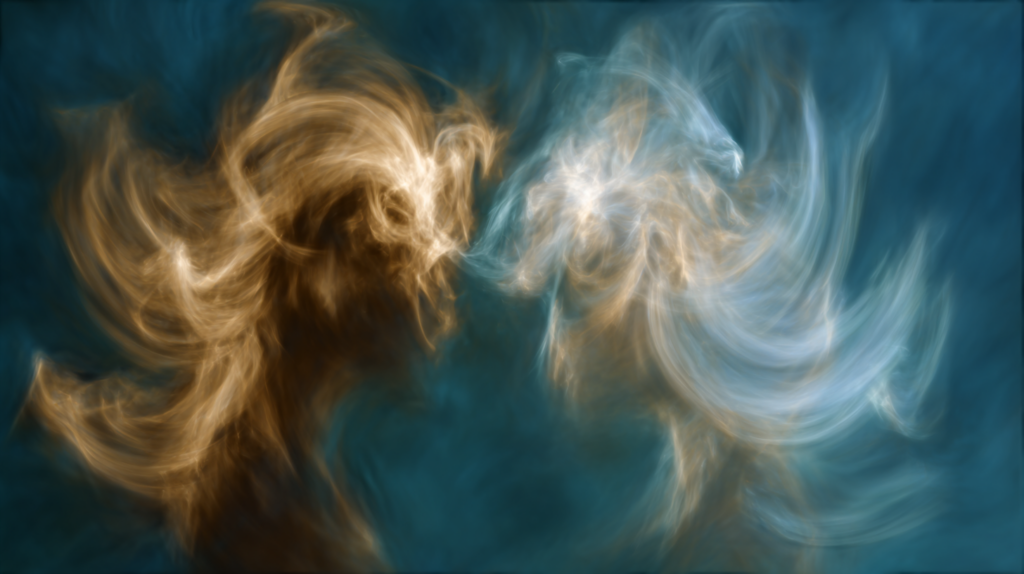 Deux silhouettes humaines abstraites faites de lumière tourbillonnante, l’une d’un or chaleureux, l’autre d’un blanc froid, se faisant face et fusionnant en un point lumineux, symbolisant la rencontre de la cognition humaine et de l’intelligence artificielle au sein de l’intelligence hybride.